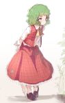  1girl arms_behind_back ascot black_shoes blush bobby_socks buttons closed_umbrella flan_(harry_mackenzie) full_body green_hair highres kazami_yuuka leaning_forward loafers long_skirt long_sleeves parted_lips plaid plaid_skirt plaid_vest red_eyes red_skirt shoes short_hair simple_background sketch skirt skirt_set smile socks solo touhou umbrella wavy_hair white_background white_legwear 