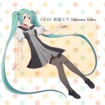  1girl absurdly_long_hair aqua_eyes aqua_hair black_legwear character_name dress hatsune_miku long_hair numbers_(boars) polka_dot polka_dot_background smile solo thigh-highs twintails very_long_hair vocaloid 