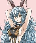  1girl :o absurdres animal_ears armpits arms_up blue_hair blush breasts dora_v_nu dress erun_(granblue_fantasy) ferry_(granblue_fantasy) granblue_fantasy highres jewelry long_hair open_mouth pink_background sideboob simple_background single_earring solo wavy_hair yellow_eyes 