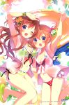  2girls :o ;d absurdres armpits bikini blue_eyes bracelet breasts brown_hair cleavage collarbone feet flower food food_themed_hair_ornament fruit gochuumon_wa_usagi_desu_ka? hair_flower hair_ornament highres hoto_cocoa hoto_mocha jewelry koi_(koisan) long_hair looking_at_viewer medium_breasts multiple_girls necklace official_art one_eye_closed open_mouth orange orange_hair polka_dot polka_dot_bikini red_bikini sandals see-through short_hair side_ponytail smile strawberry striped striped_bikini swimsuit 