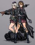  2girls arm_grab bangs binoculars black_boots black_jacket blue_eyes boots brown_eyes brown_hair dress_shirt emblem explosive full_body garrison_cap girls_und_panzer goliath_tracked_mine grenade grey_background gun hat headphones holding iron_cross itsumi_erika jacket jacket_on_shoulders long_hair long_sleeves looking_at_viewer machine_gun mg42 military military_uniform mine_(weapon) miniskirt moto_murabito multiple_girls nishizumi_maho parted_lips pleated_skirt prosthesis prosthetic_arm red_shirt red_skirt shirt short_hair silver_hair skirt smile staff standing trench_coat uniform weapon 