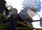  1boy absurdres artist_name black_gloves caution_tape closers glasses gloves grey_eyes haje highres j_(closers) looking_back male_focus projected_inset solo spiky_hair sunglasses sunglasses_removed white_hair 