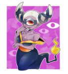  1girl bare_shoulders blush breasts chiimako cleavage cyclops fuumin_(youkai_watch) half-closed_eyes large_breasts looking_at_viewer monster_girl one-eyed pointy_ears purple_background purple_skin smile solo tongue tongue_out white_hair youkai youkai_watch 