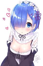  1girl 2016 bangs black_bow black_ribbon blue_eyes blue_hair blush bow breasts cleavage dated detached_sleeves eyebrows eyebrows_visible_through_hair fushimi_sameta hair_over_one_eye hair_ribbon heart looking_at_viewer maid maid_headdress medium_breasts one_eye_closed parted_lips purple_ribbon re:zero_kara_hajimeru_isekai_seikatsu rem_(re:zero) ribbon short_hair signature simple_background solo upper_body white_background x_hair_ornament 