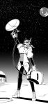  1girl earth fukumaaya gloves helmet highres monochrome planet satellite solo space spacesuit standing star_(sky) 