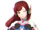  1girl ;) absurdres armor bangs bodysuit brown_eyes brown_hair closed_mouth d.va_(overwatch) facepaint facial_mark headphones highres long_hair looking_at_viewer one_eye_closed overwatch pauldrons pilot_suit pink_lips ribbed_bodysuit shoulder_pads simple_background smile solo tofu52 turtleneck upper_body whisker_markings white_background 