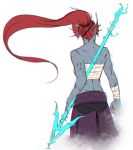  1girl arm_wrap blue_skin claws cowboy_shot energy_spear energy_weapon from_behind gills head_fins long_hair marin_(everydaybox) monster_girl polearm ponytail redhead sarashi scar simple_background solo spear undertale undyne very_long_hair weapon white_background 