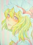  1girl ascot blonde_hair flandre_scarlet graphite_(medium) hat highres lips looking_at_viewer looking_to_the_side mob_cap photo pink_eyes portrait short_hair solo touhou traditional_media watercolor_(medium) yuyu_(00365676) 