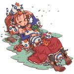  1girl apple blush book boots breasts brown_eyes brown_hair cat choker coin dragon_quest dragon_quest_viii food fruit full_body jailcat jessica_albert jewelry orange skirt too_many too_many_cats toyaken21 twintails 