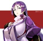  1girl artist_request black_eyes breasts fate/grand_order fate_(series) fingerless_gloves gloves huge_breasts jpeg_artifacts kana long_hair looking_at_viewer looking_down minamoto_no_yorimitsu_(fate/grand_order) parted_lips purple_hair solo twitter_username 