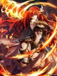  1girl absurdres armor armored_boots boots braid breasts cape cleavage closed_mouth company_name feathers fire gauntlets hair_ornament highres holding holding_sword holding_weapon long_hair outdoors red_eyes redhead shingoku_no_valhalla_gate solo sword tao_(taobooon) very_long_hair watermark weapon 