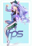  1girl acronym animal_ears bangs blue_eyes blue_hair bodysuit boots bracer breasts cat_ears cosplay d.va_(overwatch) d.va_(overwatch)_(cosplay) eyebrows eyebrows_visible_through_hair facepaint facial_mark fake_animal_ears gloves hand_up headphones highres long_hair long_sleeves looking_at_viewer medium_breasts nero_jeevas one_leg_raised original overwatch pauldrons pilot_suit ribbed_bodysuit second_coming shoulder_pads skin_tight solo standing standing_on_one_leg thigh-highs thigh_boots turtleneck whisker_markings white_boots white_gloves 