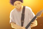  1boy blue_hair boku_no_hero_academia brown_eyes electric_guitar gradient gradient_background guitar instrument looking_down male_focus purple_hair schecter_guitar_research shinsou_hitoshi shirt solo sweat t-shirt upper_body yellow_background yowawa_yoshi 