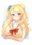  1girl blonde_hair blue_eyes breast_hold breasts cardigan cleavage galko hair_ornament hair_scrunchie highres large_breasts long_hair looking_at_viewer one_side_up oshiete!_galko-chan ribbon school_uniform scrunchie sleeves_past_wrists solo sunege_(hp0715) 