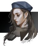  1girl alternate_costume ana_(overwatch) beret black_hair captain_amari character_name closed_eyes dark_skin face facial_mark facial_tattoo hat highres lips long_hair military military_uniform mother_and_daughter nose overwatch parted_lips signature smile solo tattoo uniform younger 