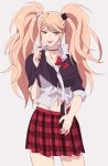  1girl blue_eyes bow breasts cleavage dangan_ronpa dangan_ronpa_1 enoshima_junko hair_ornament long_hair nail_polish navel necktie okuragon pink_hair red_bow red_nails school_uniform shirt_lift sleeves_rolled_up solo spoilers tongue tongue_out twintails 