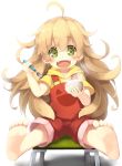  1girl amaama_to_inazuma barefoot blonde_hair feet gengetsu_chihiro green_eyes highres inuzuka_tsumugi long_hair looking_at_viewer overalls pov_feet rice_bowl sitting smile solo 