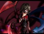  1girl asymmetrical_wings black_dress black_hair bow bowtie censored cowboy_shot cuffs dress houdukixx houjuu_nue looking_at_viewer mask mosaic_censoring one_eye_covered polearm red_bow red_bowtie red_eyes shackles short_sleeves solo tokyo_ghoul touhou trident weapon wings 