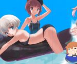  adapted_costume alternate_costume bare_arms bare_shoulders bikini blue_eyes brown_hair commentary_request ikazuchi_(kantai_collection) kantai_collection kotanuki_(kotanukiya) looking_at_viewer partially_submerged school_swimsuit short_hair silver_hair swimsuit work_in_progress z1_leberecht_maass_(kantai_collection) z3_max_schultz_(kantai_collection) 