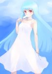  1girl absurdres blue_hair dress highres johan_(johan13) kula_diamond long_hair looking_at_viewer popsicle red_eyes see-through_silhouette sleeveless sleeveless_dress solo sundress the_king_of_fighters very_long_hair white_dress 