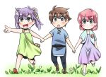  1boy 2girls :d :o blue_eyes blush brown_hair butz_klauser faris_scherwiz final_fantasy final_fantasy_v green_eyes hand_holding lenna_charlotte_tycoon mabo-udon multiple_girls open_mouth pink_hair purple_hair short_hair siblings sisters smile twintails younger 