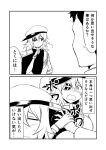  1boy 1girl 2koma admiral_(kantai_collection) blush cape comic commentary_request eyepatch flying_sweatdrops gloves ha_akabouzu hat highres kantai_collection kiso_(kantai_collection) monochrome nose_blush open_mouth school_uniform serafuku short_sleeves sweat translation_request wavy_mouth 