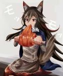  1girl :t animal_ears black_hair blue_cape blush_stickers boned_meat eating food hair_ornament hairclip houdukixx imaizumi_kagerou long_hair long_sleeves meat nail_polish red_eyes red_nails red_skirt seiza shirt sitting skirt solo tail touhou white_shirt wolf_ears wolf_tail 