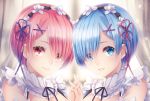  2girls blue_eyes blue_hair hair_ornament hair_over_one_eye hair_ribbon hand_holding interlocked_fingers looking_at_viewer maid maid_headdress multiple_girls pink_eyes pink_hair purple_ribbon ram_(re:zero) re:zero_kara_hajimeru_isekai_seikatsu red_eyes red_ribbon rem_(re:zero) ribbon short_hair siblings sisters sliverbin smile twins upper_body x_hair_ornament 