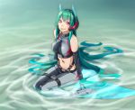  1girl bare_shoulders black_gloves borrowed_character breasts elbow_gloves gloves green_hair headgear long_hair looking_at_viewer menou_kaname mermaid mermaid_costume monster_girl navel nawoto_oota original sleeveless smile solo very_long_hair violet_eyes 