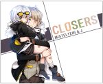  2boys age_switch bandage bandaid carrying character_name closers copyright_name glasses green_eyes j_(closers) jacket male_focus mistilteinn_(closers) multiple_boys open_clothes open_jacket role_reversal seok sunglasses thumb_sucking white_hair 