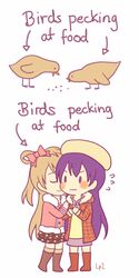  2girls 2koma artist_name beret bird bow brown_hair cheek_kiss closed_eyes comic directional_arrow english hair_bow hat kiss long_hair love_live! love_live!_school_idol_project lp2_(lpzwei) minami_kotori multiple_girls pecking purple_hair sonoda_umi yuri 