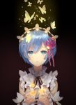  1girl black_dress blue_eyes blue_hair blush breasts butterfly detached_sleeves dress frills hair_ornament hair_over_one_eye hair_ribbon maid maid_headdress okakan parted_lips re:zero_kara_hajimeru_isekai_seikatsu rem_(re:zero) ribbon short_hair solo x_hair_ornament 