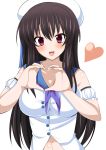  1girl :d artist_request bare_shoulders black_hair blush breasts buttons cleavage collarbone detached_sleeves hat heart heart_hands high_school_dxd high_school_dxd_infinity highres large_breasts long_hair looking_at_viewer neckerchief open_mouth puffy_short_sleeves puffy_sleeves raynare sailor_collar sailor_hat short_sleeves smile solo upper_body violet_eyes 