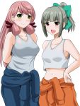  2girls akashi_(kantai_collection) alternate_costume arms_behind_back bare_arms bare_shoulders blue_pants blush bow breasts brown_eyes commentary_request eyebrows eyebrows_visible_through_hair green_bow green_eyes green_hair highres kantai_collection large_breasts long_hair looking_at_viewer medium_breasts midriff multiple_girls navel open_mouth orange_pants pants pink_hair ponytail simple_background smile sparkle standing tank_top white_background yano_toshinori yuubari_(kantai_collection) 