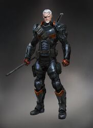  1boy armor batman_(series) belt dc_comics deathstroke eyepatch facial_hair full_body gradient_background grieves looking_at_viewer male_focus simple_background solo sword weapon white_hair 