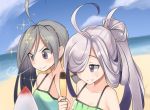  &gt;:) 2girls ahoge alternate_costume asashimo_(kantai_collection) banana_popsicle bare_shoulders beach camisole casual clouds commentary_request eyebrows grey_hair grin hair_over_one_eye holding kantai_collection kiyoshimo_(kantai_collection) long_hair looking_at_another looking_down multiple_girls ocean ponytail sensen silver_hair sky smile sparkle 