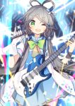  1girl ;d blue_dress blurry blush braid chains depth_of_field detached_collar dress electric_guitar fuuko_(2679566944) gloves green_eyes grey_hair guitar head_tilt holding_microphone instrument long_hair looking_at_viewer low_twintails luo_tianyi microphone one_eye_closed open_mouth pinky_out ribbon ribbon-trimmed_dress short_sleeves smile solo sparkle twintails very_long_hair vocaloid vocanese white_gloves yellow_ribbon 