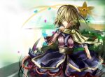  1girl arm_warmers biting blonde_hair clenched_teeth floral_background glowing glowing_eyes houdukixx looking_at_viewer mizuhashi_parsee pointy_ears sash scarf short_hair solo teeth thumb_biting touhou yellow_eyes yellow_scarf 