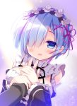  1girl :d blue_eyes blue_hair breasts commentary_request detached_sleeves hair_ornament hair_over_one_eye hand_on_another&#039;s_chest looking_at_viewer maid maid_headdress natsuki_subaru open_mouth purple_ribbon re:zero_kara_hajimeru_isekai_seikatsu rem_(re:zero) ribbon sasai_saji short_hair smile solo_focus x_hair_ornament 