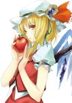  1girl apple arm_garter blonde_hair blue_ribbon crystal flandre_scarlet food from_side fruit hair_ribbon hat hat_ornament hat_ribbon holding holding_fruit lace lace-trimmed_ribbon looking_at_viewer mob_cap parted_lips puffy_short_sleeves puffy_sleeves red_eyes red_ribbon red_vest ribbon short_sleeves side_ponytail skirt skirt_set solo touhou tsurukame upper_body wings 
