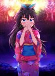  1girl antenna_hair bangs blue_eyes blue_ribbon blurry blurry_background blush covering_mouth cowboy_shot depth_of_field earrings fireworks floral_print ganaha_hibiki hair_ribbon hiiringu hoop_earrings idolmaster japanese_clothes jewelry kimono long_hair long_sleeves looking_at_viewer night night_sky own_hands_together pink_kimono ponytail ribbon sash sky solo standing star_(sky) starry_sky tareme wide_sleeves 