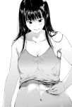  1girl blush breasts cleavage female highres kurofudo lips medium_breasts monochrome navel original simple_background solo weight_conscious white_background 