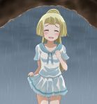  1girl blonde_hair blush cave closed_eyes collarbone holding_skirt lillie_(pokemon) long_hair miniskirt open_mouth pokemon pokemon_(game) pokemon_sm ponytail rain see-through shippo_(shishizaru) shirt short_sleeves skirt smile wet wet_clothes white_shirt 