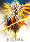  1girl blonde_hair blue_eyes bodysuit breastplate brown_legwear eyeshadow faulds full_body glowing greaves knee_pads lips makeup mechanical_halo mechanical_wings mercy_(overwatch) muju nose outstretched_hand overwatch pantyhose power_suit revision solo spread_wings staff text wings work_in_progress 