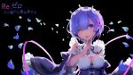  1girl blue_eyes blue_hair breasts cleavage detached_collar detached_sleeves fingernails hair_between_eyes hair_ornament hand_on_own_face highres looking_at_viewer maid maid_headdress medium_breasts open_mouth re:zero_kara_hajimeru_isekai_seikatsu rem_(re:zero) ribbon-trimmed_collar ribbon-trimmed_sleeves ribbon_trim short_hair smile solo tears underbust upper_body wiping_tears x_hair_ornament 