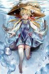  1girl :t blonde_hair blue_dress blue_eyes bubble dress full_body hair_ribbon highres houdukixx long_hair long_sleeves looking_at_viewer moriya_suwako red_ribbon ribbon short_dress skirt skirt_set solo thigh-highs touhou tress underwater white_legwear wide_sleeves zettai_ryouiki 