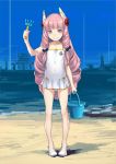  1girl :&gt; aurora_(pso2) beach black_bow blush bow bucket closed_mouth collarbone drill_hair flat_chest full_body hair_bow hair_ornament highres holding long_hair one-piece_swimsuit outdoors phantasy_star phantasy_star_online_2 pink_hair rake shoes sky smile sody solo swimsuit very_long_hair violet_eyes white_shoes white_swimsuit 