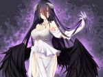  1girl ahoge albedo armpits bangs bare_shoulders black_hair black_wings breasts cleavage cowboy_shot demon_girl demon_horns detached_collar dress eeryuu_(2004107) eyes_visible_through_hair feathered_wings gloves highres hip_vent horns large_breasts long_hair looking_at_viewer overlord_(maruyama) parted_lips sideboob smile solo strapless strapless_dress very_long_hair white_dress white_gloves wings yellow_eyes 