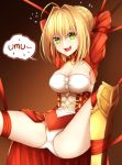  1girl ahoge armor arms_behind_head blonde_hair bound breasts cleavage fang fate/extra fate/extra_ccc fate/grand_order fate_(series) flying_sweatdrops gradient gradient_background green_eyes hair_intakes healther looking_at_viewer open_mouth panties red_ribbon ribbon saber_extra silhouette solo speech_bubble spread_legs tied_up underwear white_panties 