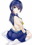  1girl ass blood blood_on_face blue_eyes blue_hair blush breasts corpse_party from_behind long_hair looking_at_viewer looking_back low_twintails school_uniform shinozaki_ayumi shirowa sideboob simple_background skirt smile socks solo twintails wariza 